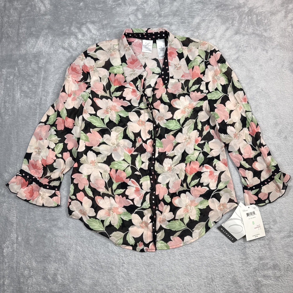 Emma James Button Blouse Women 8 Black Floral 3/4 Sleeve Ruffle Cuff Rayon